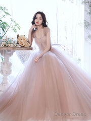 A Line Off Shoulder Pink Long Prom Dress, Pink Graduation Dress With Beading Lace