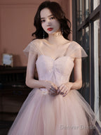 A Line Off Shoulder Pink Long Prom Dress, Pink Graduation Dress With Beading Lace