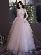 A Line Off Shoulder Pink Long Prom Dress, Pink Graduation Dress With Beading Lace