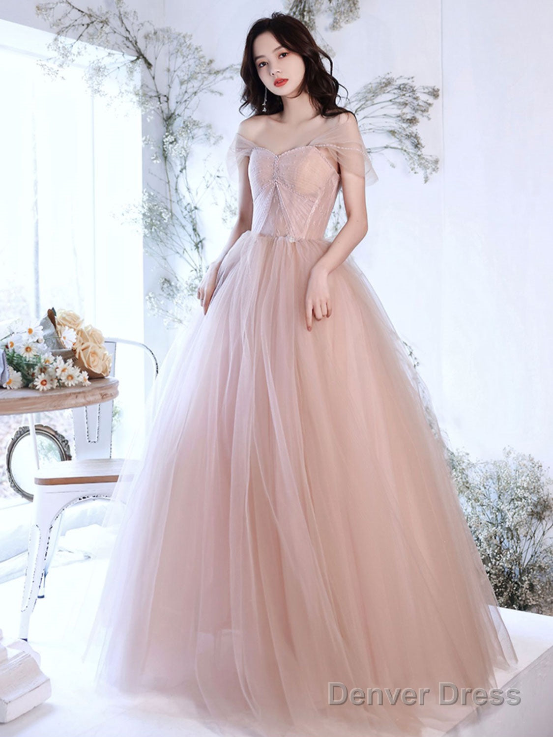 A Line Off Shoulder Pink Long Prom Dress, Pink Graduation Dress With Beading Lace Main image
