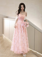 A Line Off Shoulder Pink Long Prom Dress, Pink Long Graduation Dresses