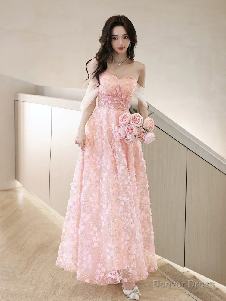 A Line Off Shoulder Pink Long Prom Dress, Pink Long Graduation Dresses