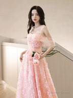 A Line Off Shoulder Pink Long Prom Dress, Pink Long Graduation Dresses