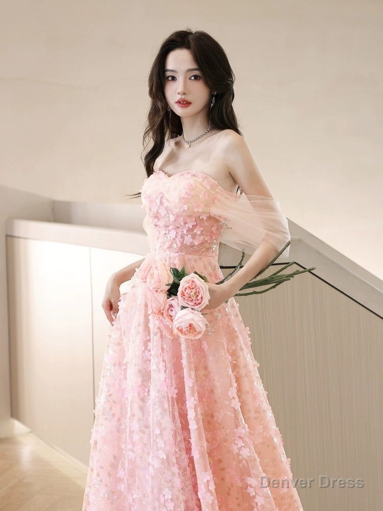 A Line Off Shoulder Pink Long Prom Dress, Pink Long Graduation Dresses