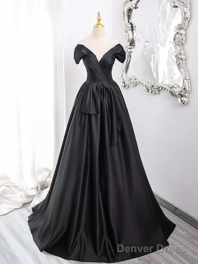 A-Line Off Shoulder Satin Black Long Prom Dress, Black Long Formal Dress Main image