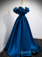 A Line Off Shoulder Satin Blue Long Prom Dress, Blue Prom Dresses