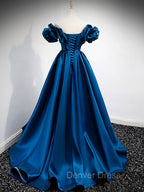 A Line Off Shoulder Satin Blue Long Prom Dress, Blue Prom Dresses