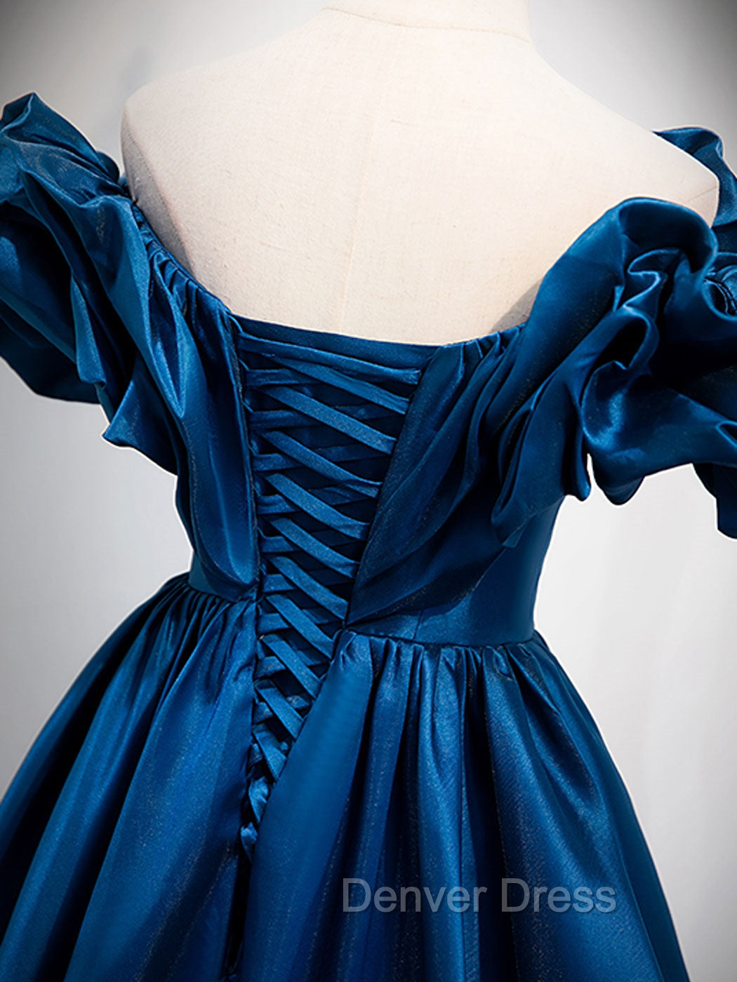 A Line Off Shoulder Satin Blue Long Prom Dress, Blue Prom Dresses