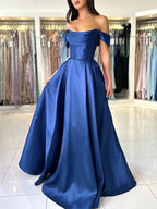 A-Line Off Shoulder Satin Blue Long Prom Dresses, Blue Long Evening Dresses