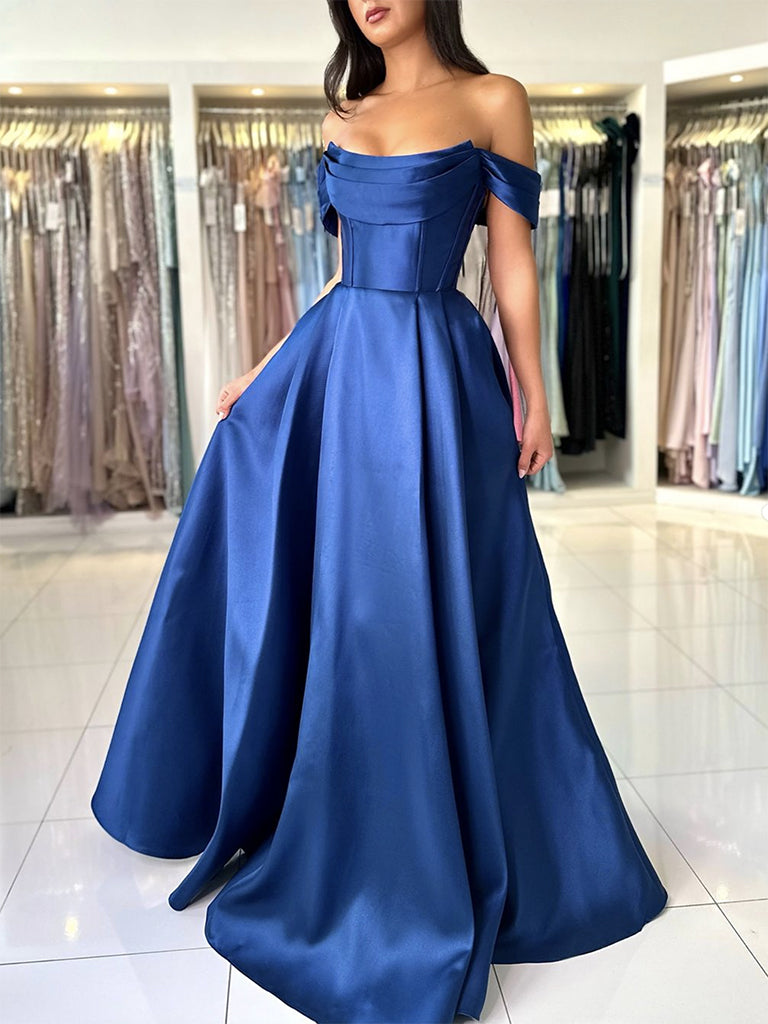 A-Line Off Shoulder Satin Blue Long Prom Dresses, Blue Long Evening Dresses