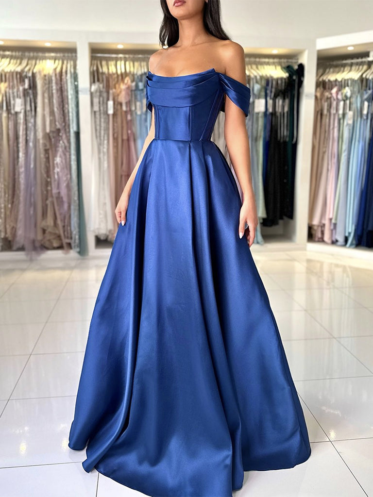 A-Line Off Shoulder Satin Blue Long Prom Dresses, Blue Long Evening Dresses