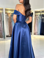 A-Line Off Shoulder Satin Blue Long Prom Dresses, Blue Long Evening Dresses