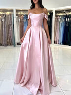 A-Line Off Shoulder Satin Blue Long Prom Dresses, Blue Long Evening Dresses