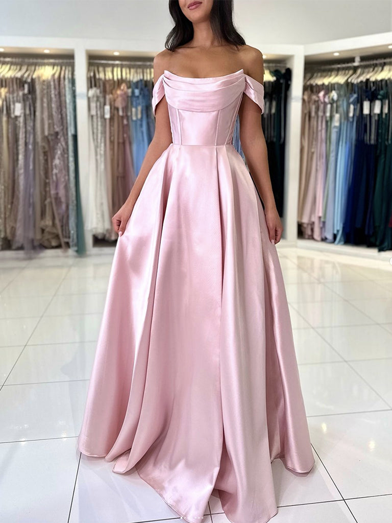 A-Line Off Shoulder Satin Blue Long Prom Dresses, Blue Long Evening Dresses