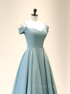 A Line Off Shoulder Satin Blue Long Prom Dress, Blue Long Prom Dresses