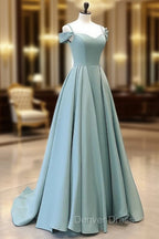 A Line Off Shoulder Satin Blue Long Prom Dress, Blue Long Prom Dresses