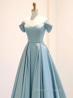A-Line Off Shoulder Satin Blue Long Prom Dresses, Blue Long Formal Dresses