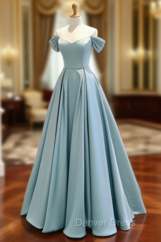 A-Line Off Shoulder Satin Blue Long Prom Dresses, Blue Long Formal Dresses Main image