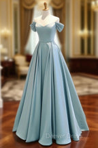 A Line Off Shoulder Satin Blue Long Prom Dress, Blue Long Prom Dresses