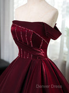 A-Line Off Shoulder Satin Burgundy Long Prom Dresses, Burgundy Evening Dresses With Beads