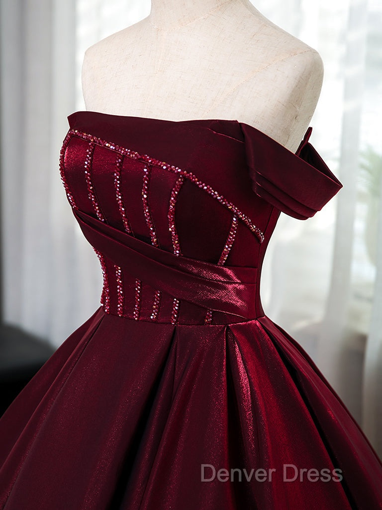 A-Line Off Shoulder Satin Burgundy Long Prom Dresses, Burgundy Evening Dresses With Beads