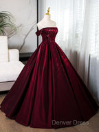 A-Line Off Shoulder Satin Burgundy Long Prom Dresses, Burgundy Evening Dresses With Beads