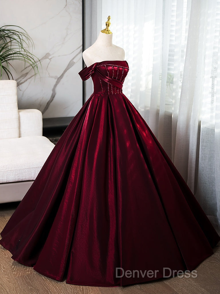 A-Line Off Shoulder Satin Burgundy Long Prom Dresses, Burgundy Evening Dresses With Beads