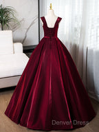 A-Line Off Shoulder Satin Burgundy Long Prom Dresses, Burgundy Evening Dresses With Beads