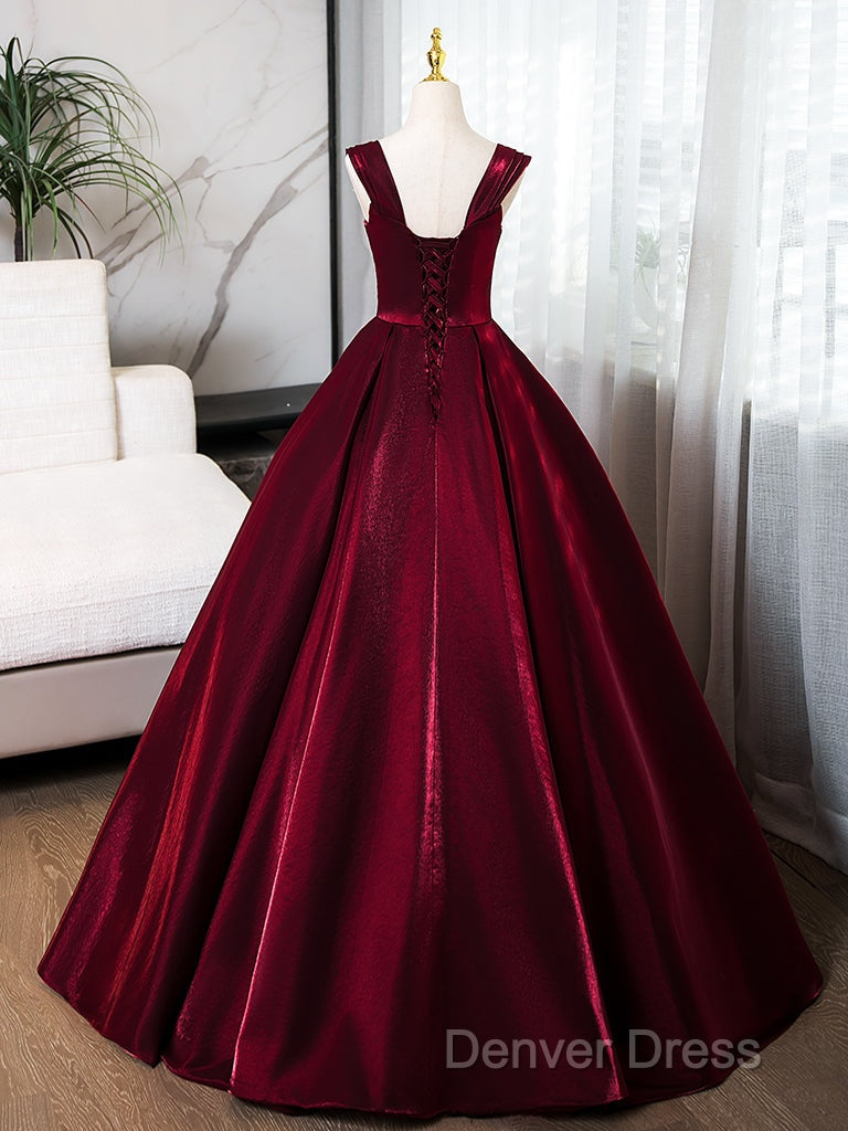 A-Line Off Shoulder Satin Burgundy Long Prom Dresses, Burgundy Evening Dresses With Beads