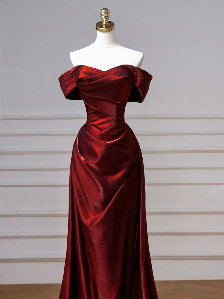 A-Line Off Shoulder Satin. Burgundy Long Prom Dresses, Burgundy Long Evening Dresses