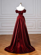 A-Line Off Shoulder Satin. Burgundy Long Prom Dresses, Burgundy Long Evening Dresses