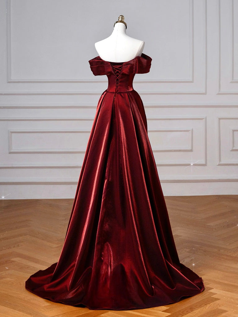 A-Line Off Shoulder Satin. Burgundy Long Prom Dresses, Burgundy Long Evening Dresses