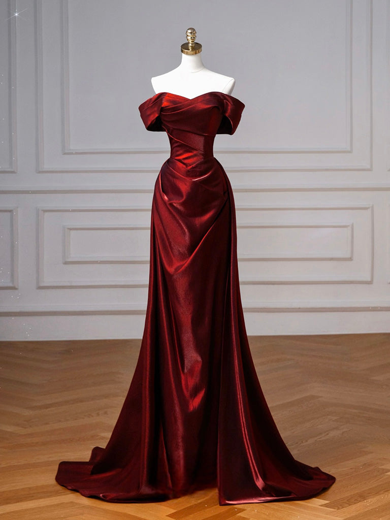 A-Line Off Shoulder Satin. Burgundy Long Prom Dresses, Burgundy Long Evening Dresses Main image