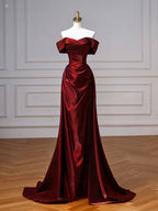 A-Line Off Shoulder Satin. Burgundy Long Prom Dresses, Burgundy Long Evening Dresses