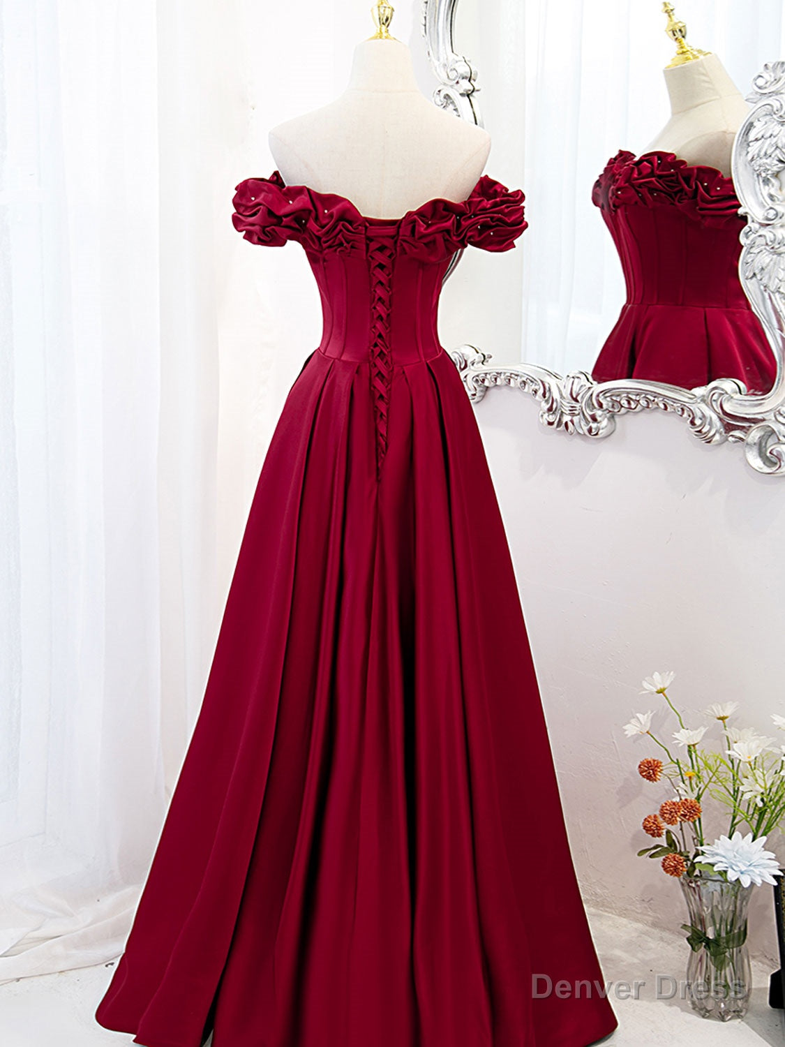 A-Line Off Shoulder Satin Burgundy Long Prom Dress, Satin Burgundy Evening Dress Main image
