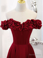 A Line Off Shoulder Satin Burgundy Long Prom Dress, Satin Burgundy Prom Dresses