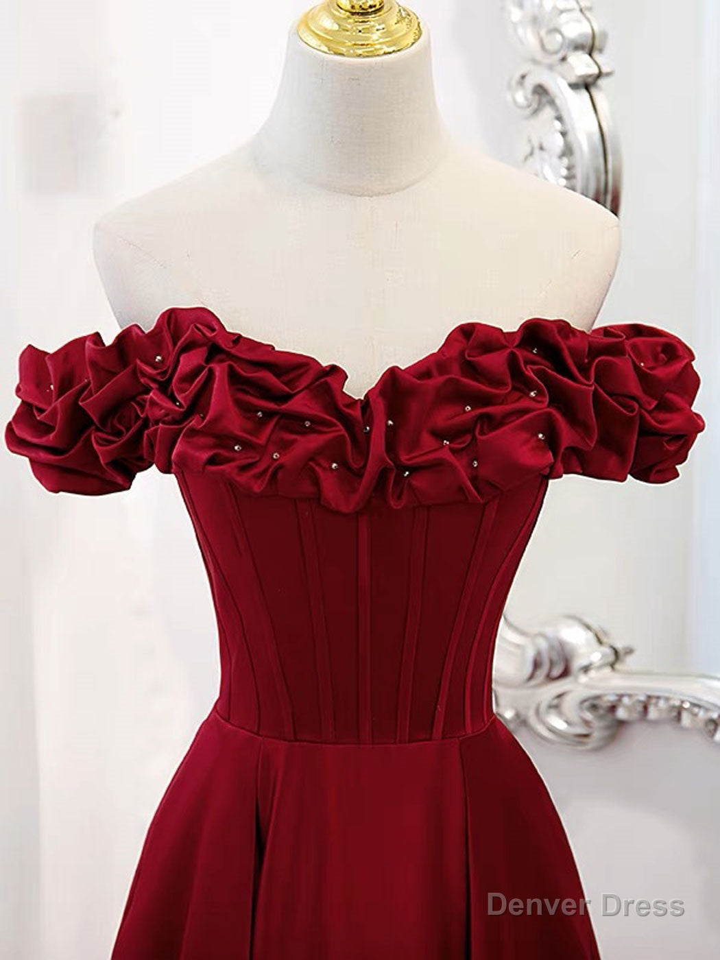 A Line Off Shoulder Satin Burgundy Long Prom Dress, Satin Burgundy Prom Dresses