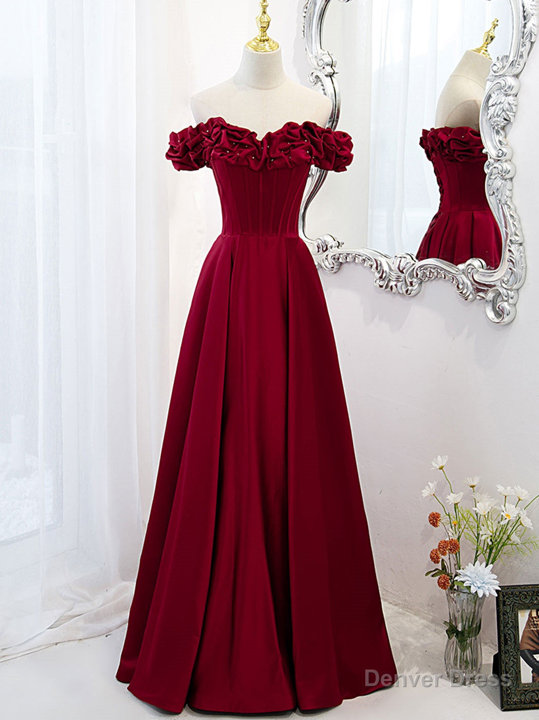 A Line Off Shoulder Satin Burgundy Long Prom Dress, Satin Burgundy Prom Dresses