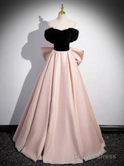 A-Line Off Shoulder Satin Champagne Long Prom Dress, Champagne Long Evening Dress