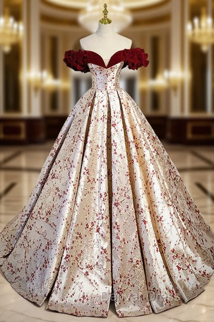 A-Line Off Shoulder Satin Champagne Long Prom Dresses, Champagne Long Formal Dresses Main image