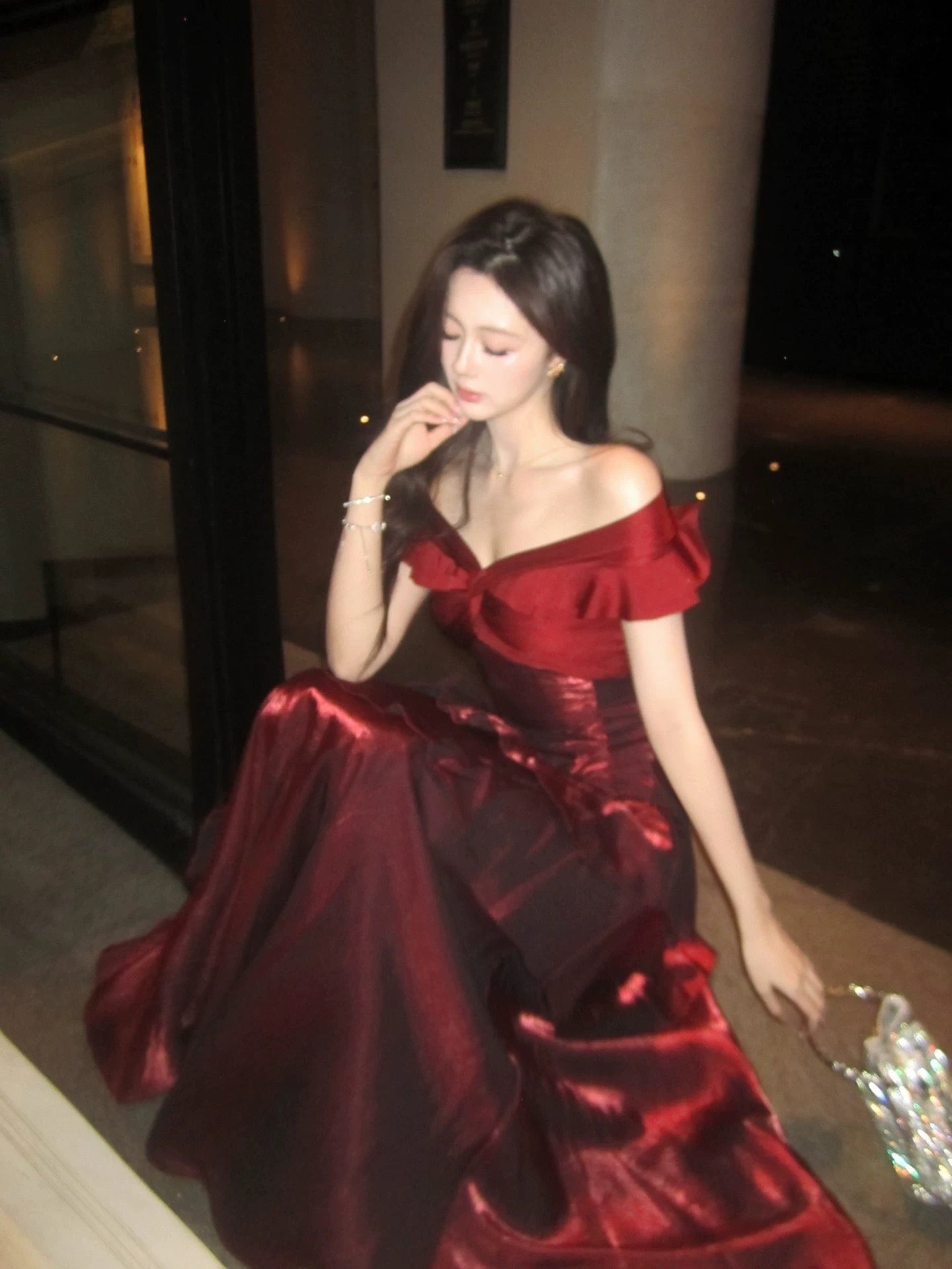 A-Line Off Shoulder Satin Floor Length Burgundy Prom Dresses Secondary image