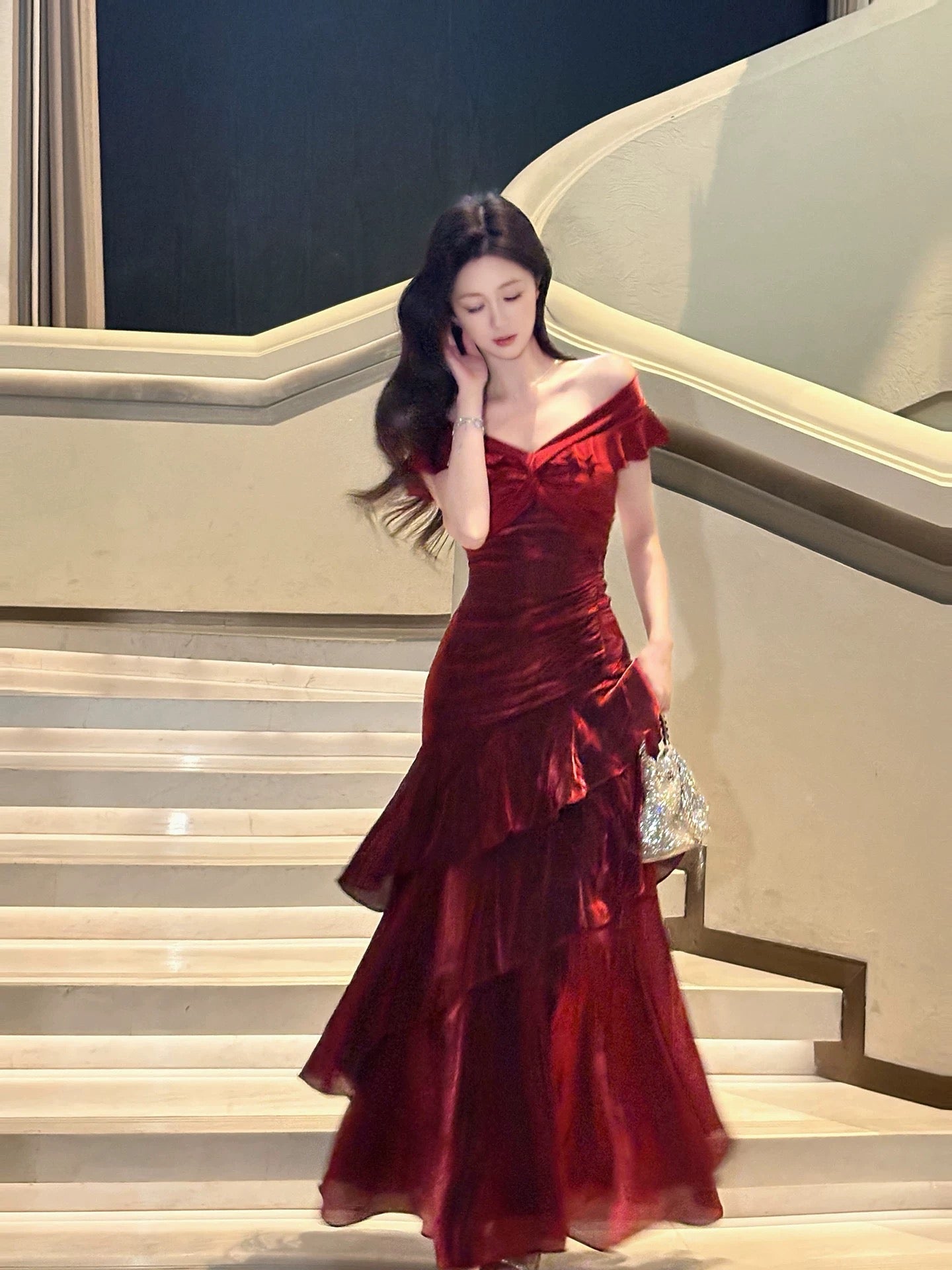 A-Line Off Shoulder Satin Floor Length Burgundy Prom Dresses