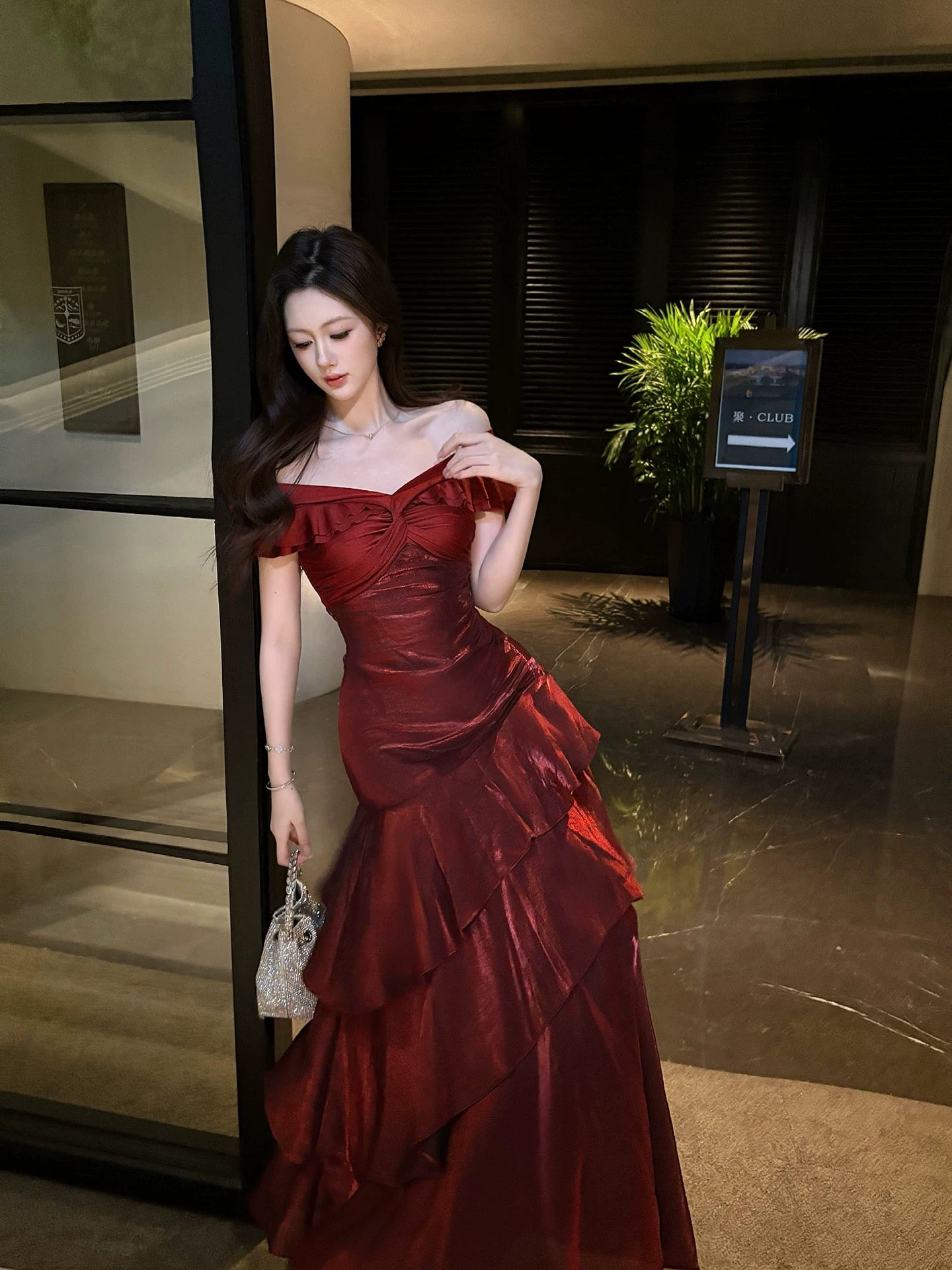 A-Line Off Shoulder Satin Floor Length Burgundy Prom Dresses