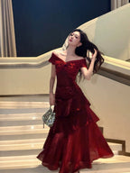 A-Line Off Shoulder Satin Floor Length Burgundy Prom Dresses