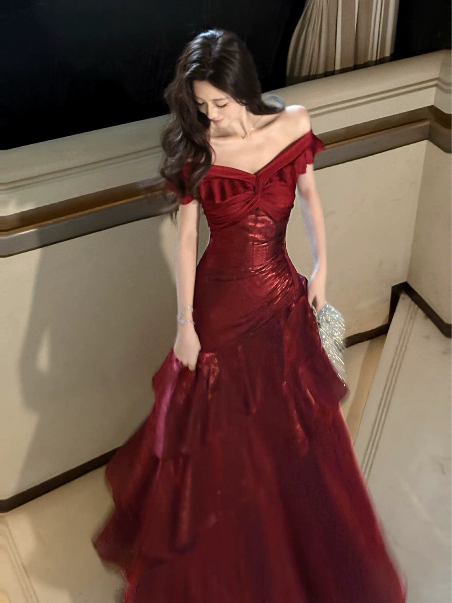 A-Line Off Shoulder Satin Floor Length Burgundy Prom Dresses