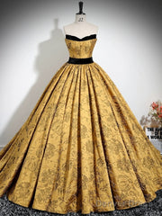 A-Line Off Shoulder Satin Gold Long Prom Dress, Gold Long Formal Dress
