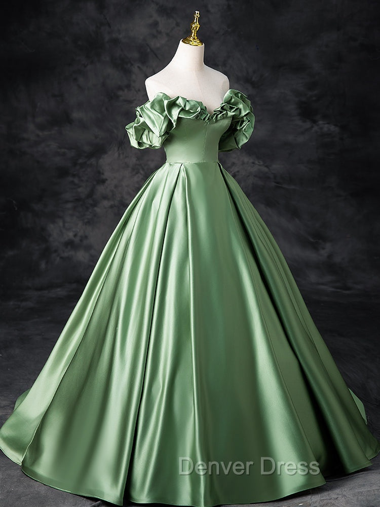 A-Line Off Shoulder Satin Green Long Prom Dresses, Green Long Formal Dresses Secondary image