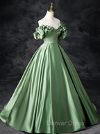 A-Line Off Shoulder Satin Green Long Prom Dresses, Green Long Formal Dresses