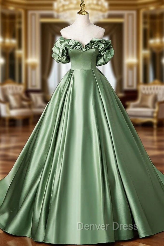A-Line Off Shoulder Satin Green Long Prom Dresses, Green Long Formal Dresses Main image