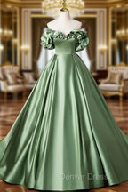 A-Line Off Shoulder Satin Green Long Prom Dresses, Green Long Formal Dresses